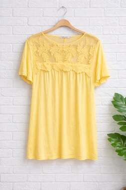 Culture Code Yellow Lace Mesh Yoke Short Sleeve Top